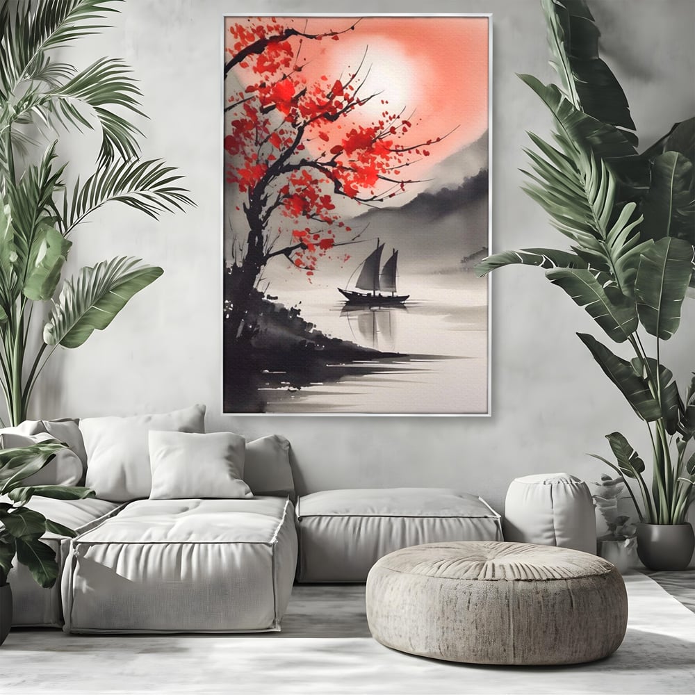 Tablou canvas cu tablou canvas cu barca si copac rosu, in rama de aluminiu argintiu, pe perete intr-un living